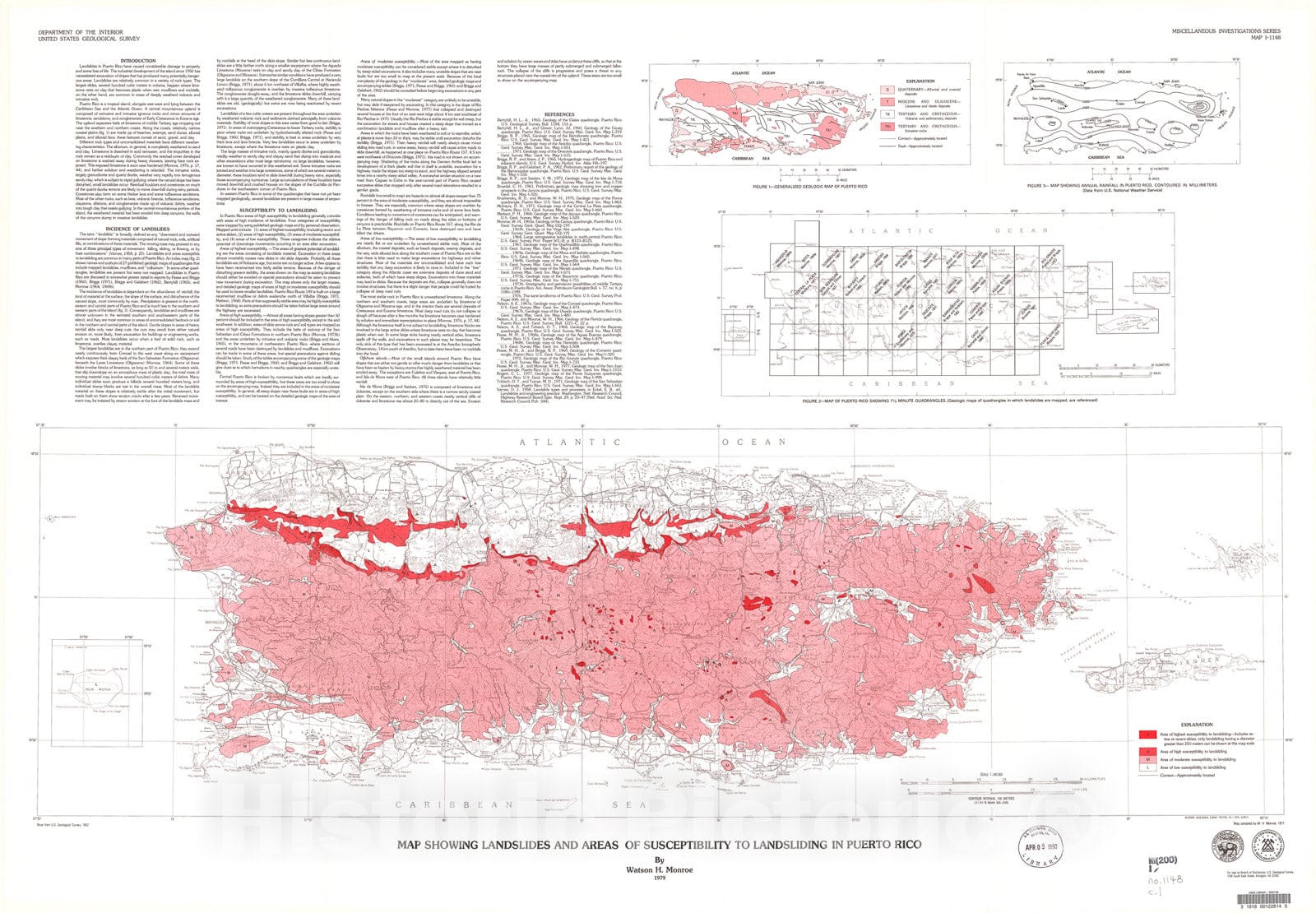 Map : Map showing landslides and areas of susceptibility to landsliding in Puerto Rico, 1979 Cartography Wall Art :