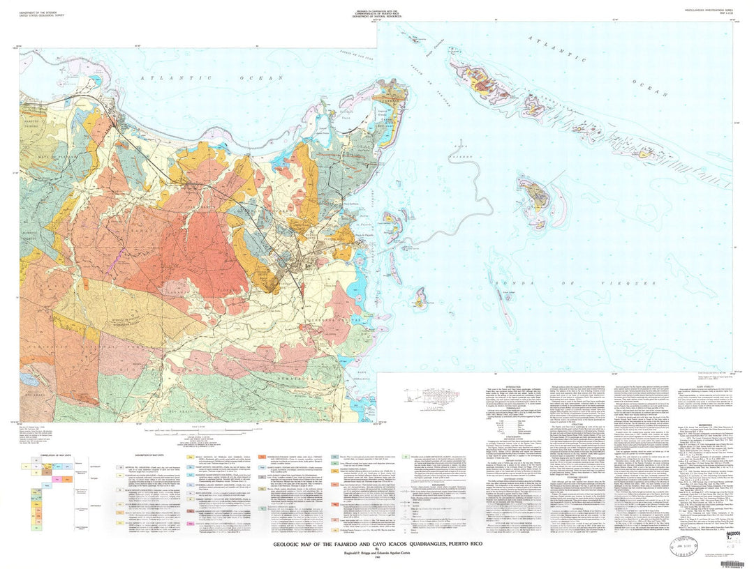 Map : Geologic map of the Fajardo and Cayo Icacos quadrangles, Puerto Rico, 1980 Cartography Wall Art :