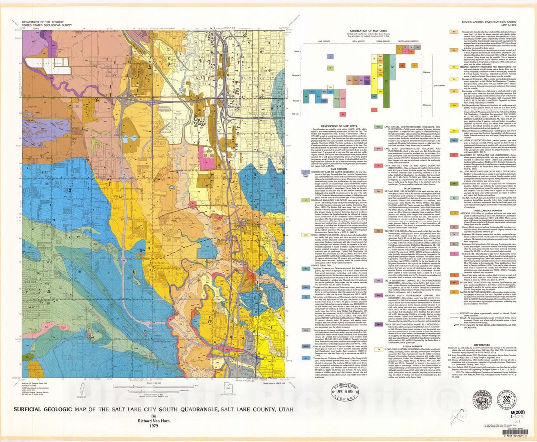 Map : Surficial geologic map of the Salt Lake City South quadrangle, Salt Lake County, Utah, 1979 Cartography Wall Art :