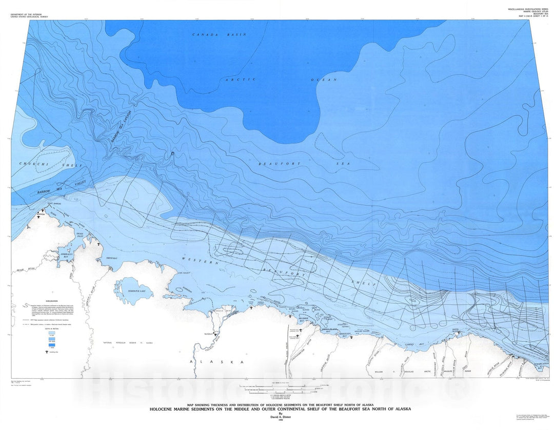 Map : Holocene marine sediments on the middle and outer continental shelf of the Beaufort Sea north of Alaska, 1982 Cartography Wall Art :