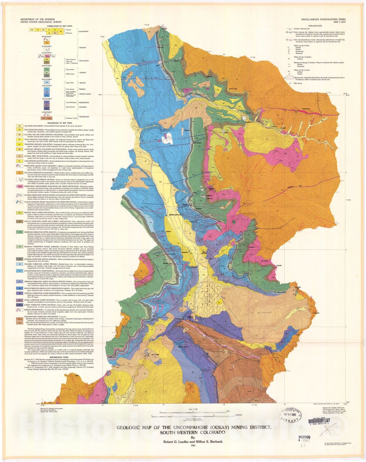 Map : Geologic map of the Uncompahgre (Ouray) mining district, southwestern Colorado, 1981 Cartography Wall Art :