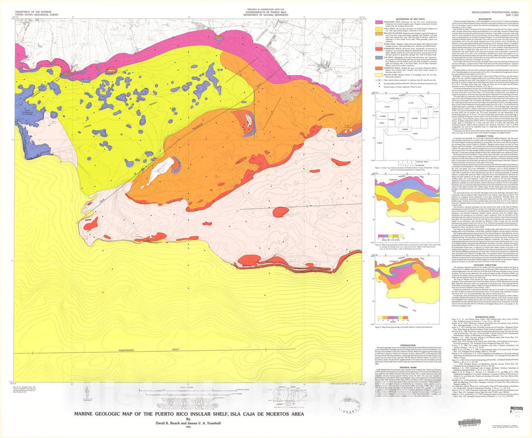 Map : Marine geologic map of the Puerto Rico insular shelf, Isla Caja De Muertos area, 1981 Cartography Wall Art :