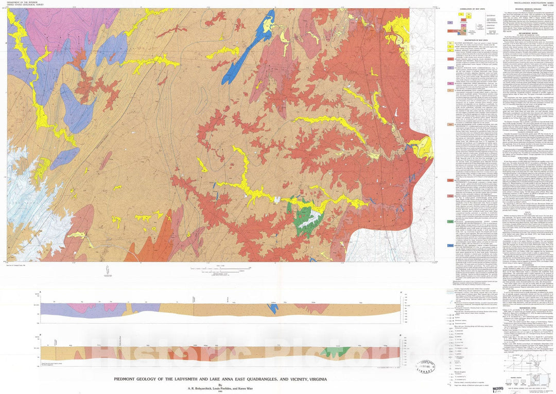 Map : Piedmont geology of the Ladysmith and Lake Anna East quadrangles, and vicinity, Virginia, 1981 Cartography Wall Art :