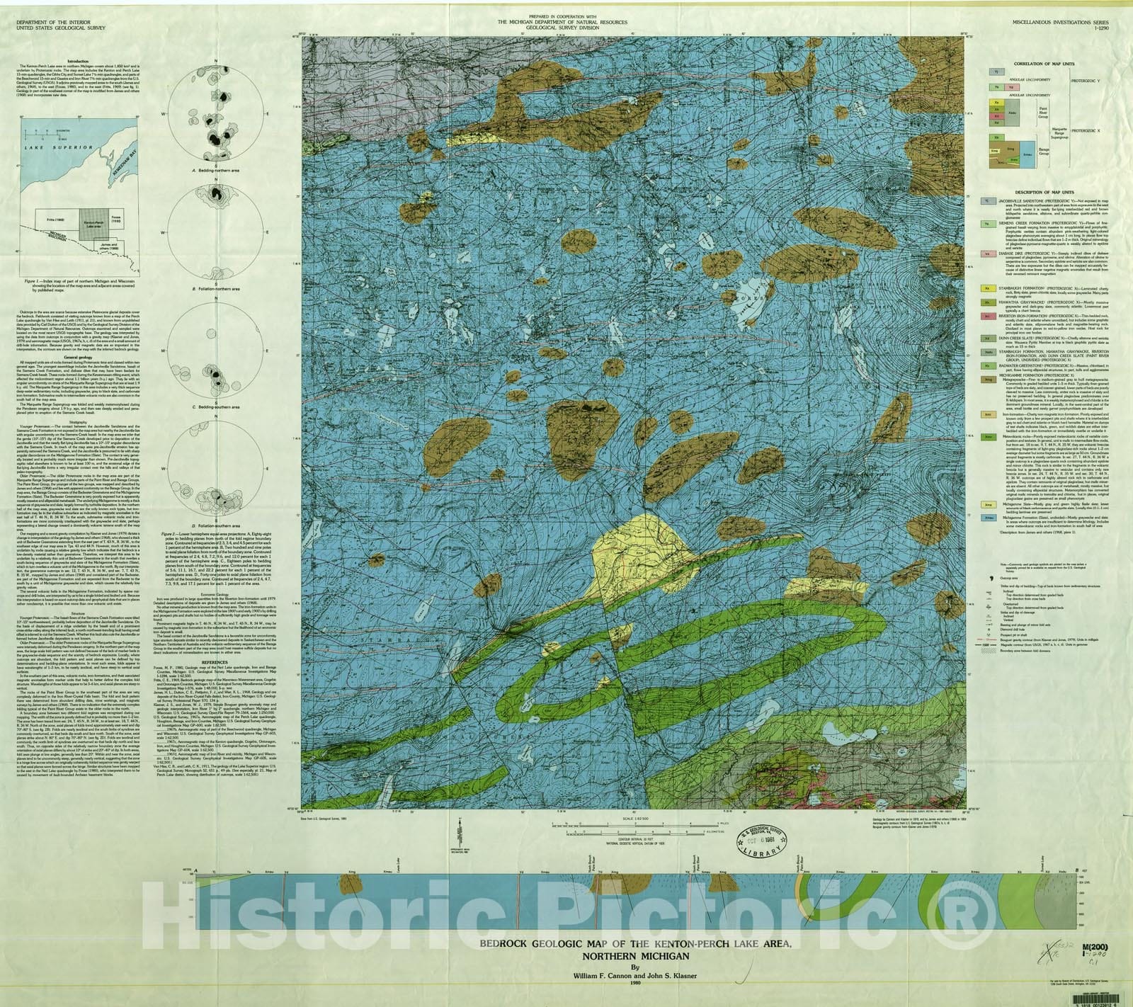 Map : Bedrock geologic map of the Kenton, Perch Lake area, northern Michigan, 1980 Cartography Wall Art :