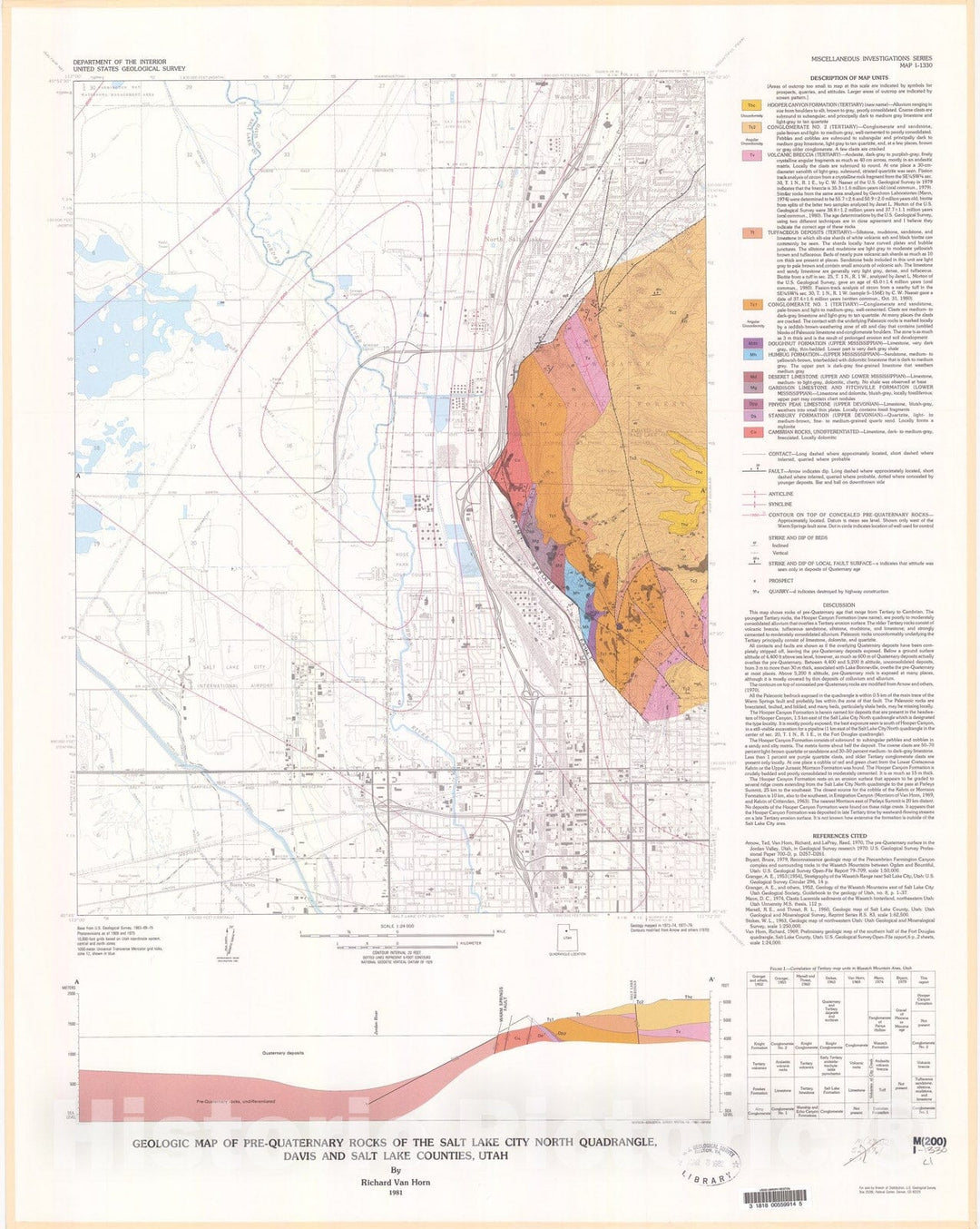 Map : Geologic map of pre-Quaternary rocks of the Salt Lake City North quadrangle, Davis and Salt Lake Counties, Utah, 1981 Cartography Wall Art :