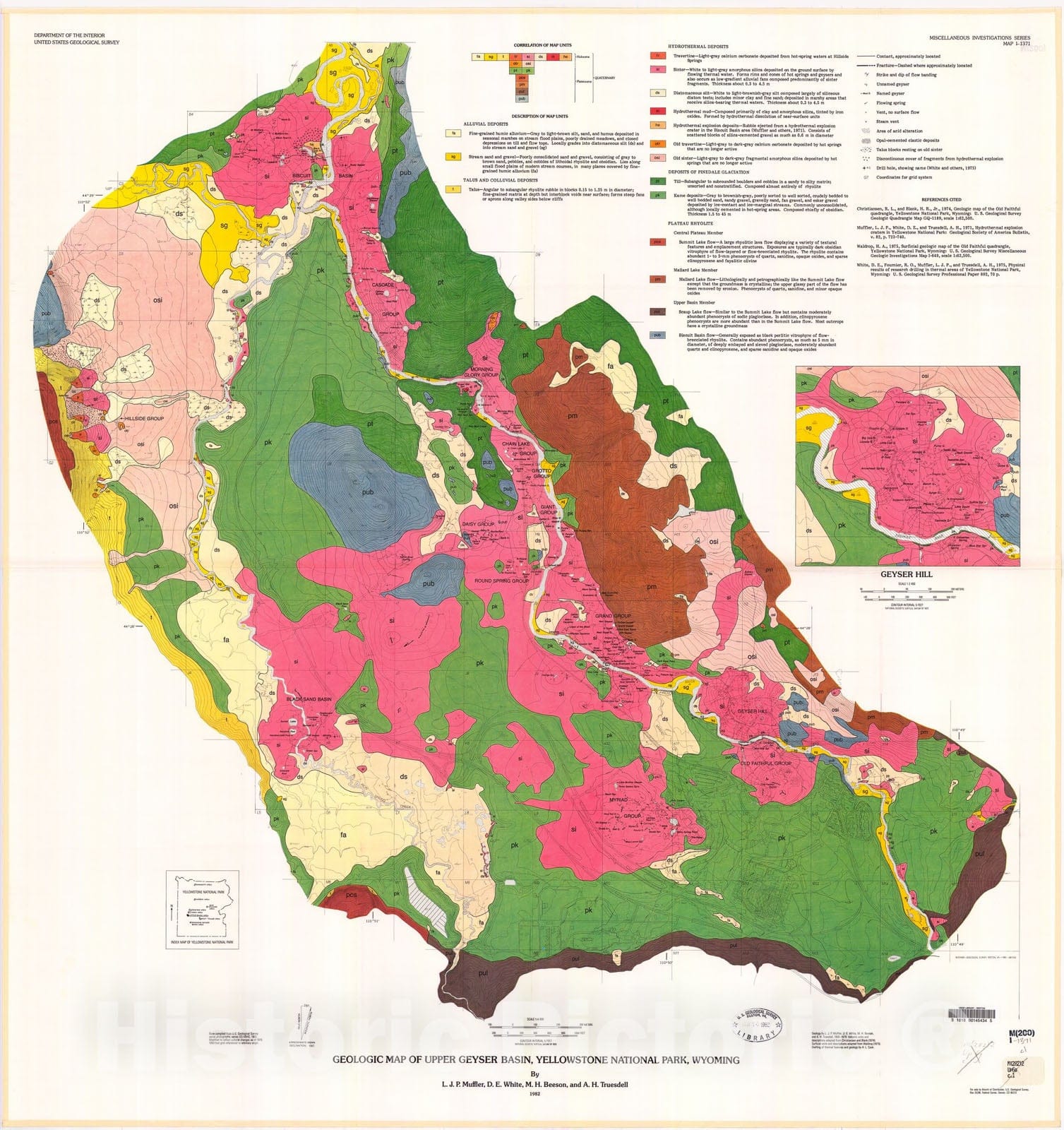 Map : Geologic map of upper Geyser Basin, Yellowstone National Park, Wyoming, 1982 Cartography Wall Art :