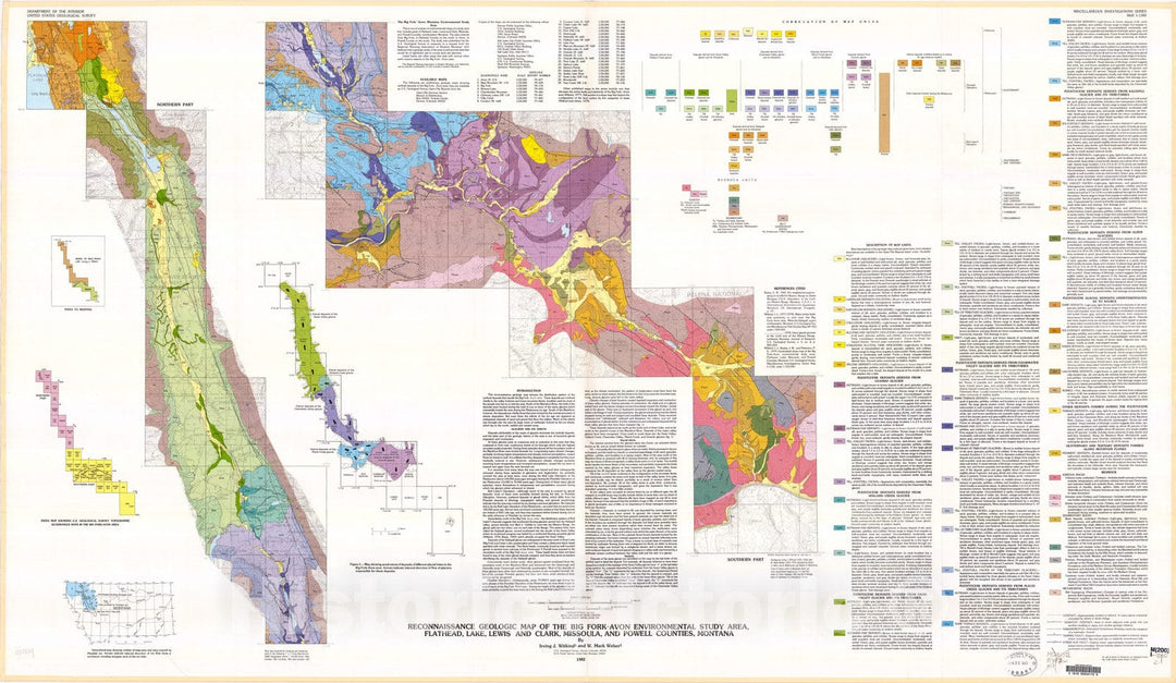 Map : Reconnaissance geologic map of the Big Fork-Avon environmental study area, Flathead, Lake, Lewis and Clark, Missoula, and Powell Counties, Montana, 1982 Cartography Wall Art :