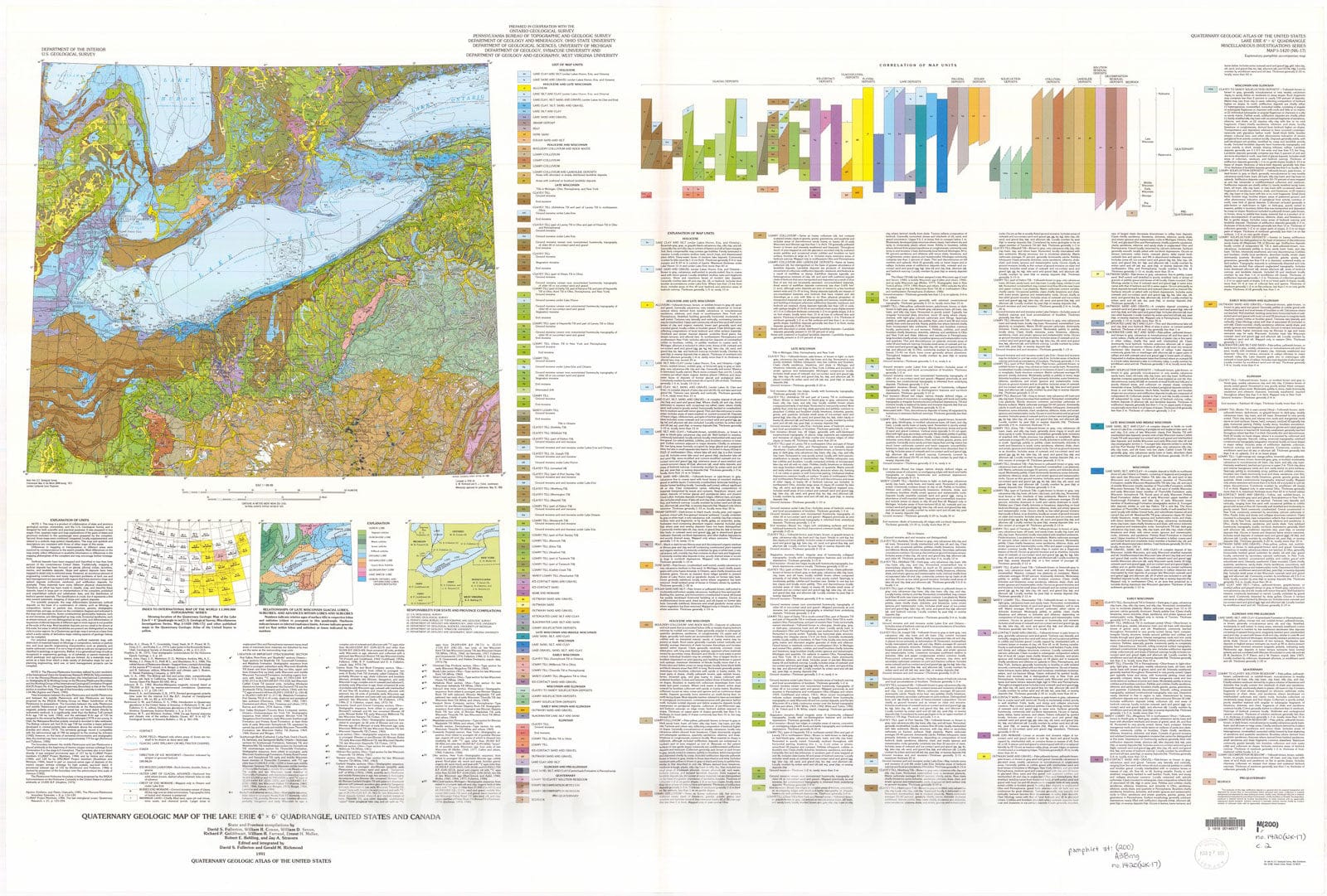 Map : Quaternary geologic map of the Lake Erie four degrees x six degrees quadrangle, United States and Canada, 1991 Cartography Wall Art :