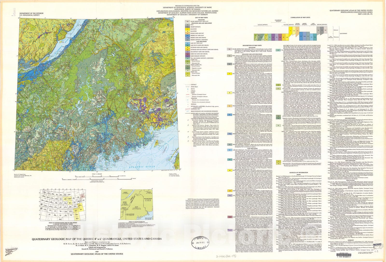 Map : Quaternary geologic map of the Quebec four degrees x six degrees quadrangle, United States and Canada, 1987 Cartography Wall Art :