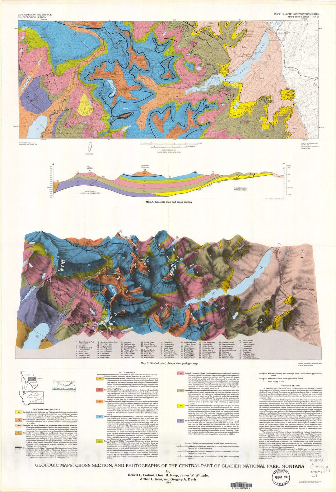 Map : Geologic maps, cross section, and photographs of the central part of Glacier National Park, Montana, 1989 Cartography Wall Art :