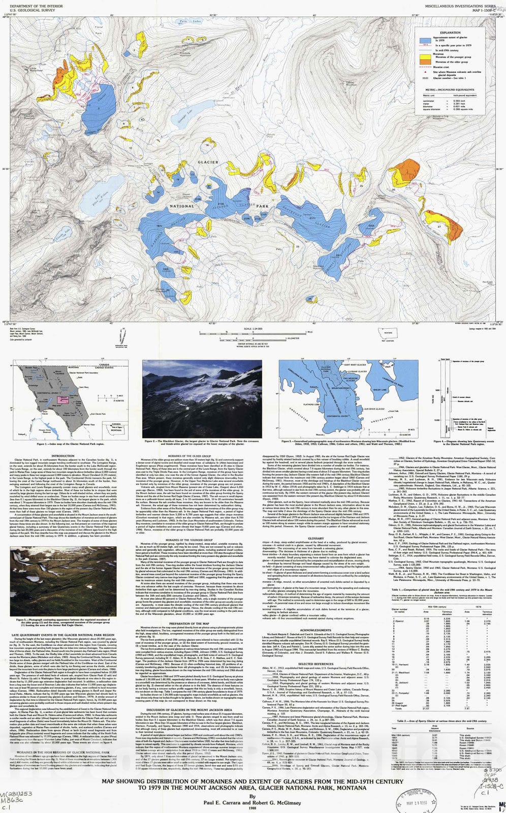 Map : Map showing distribution of moraines and extent of glaciers from the mid-19th century to 1979 in the Mount Jackson area, Glacier National Park, Montana, 1988 Cartography Wall Art :