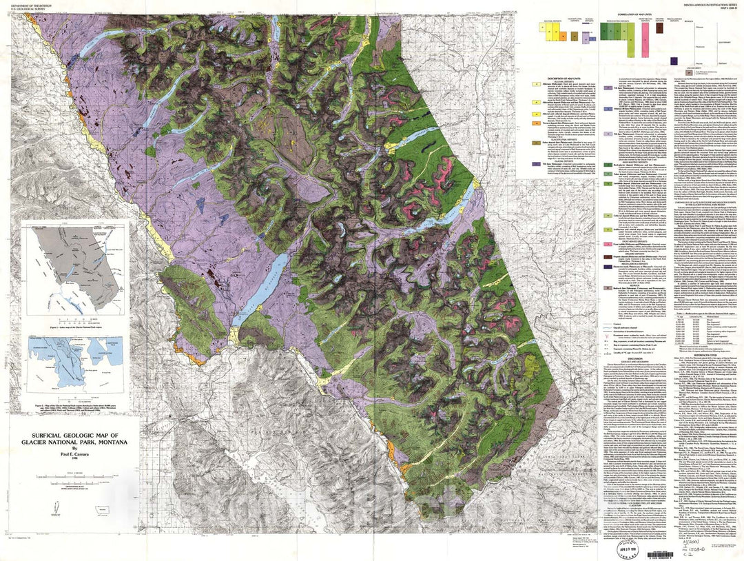 Map : Surficial geologic map of Glacier National Park, Montana, 1990 Cartography Wall Art :