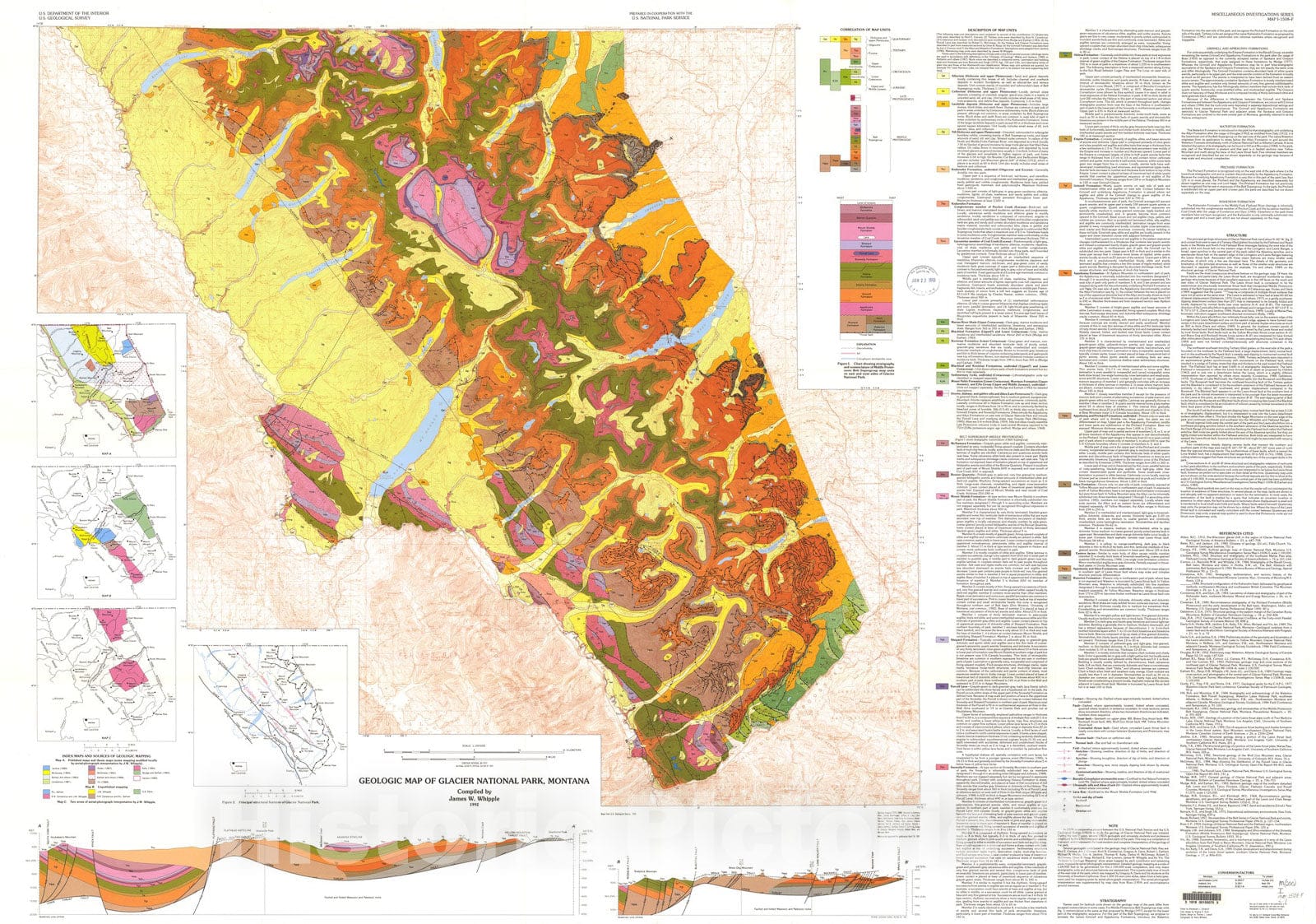 Map : Geologic map of Glacier National Park, Montana, 1992 Cartography Wall Art :