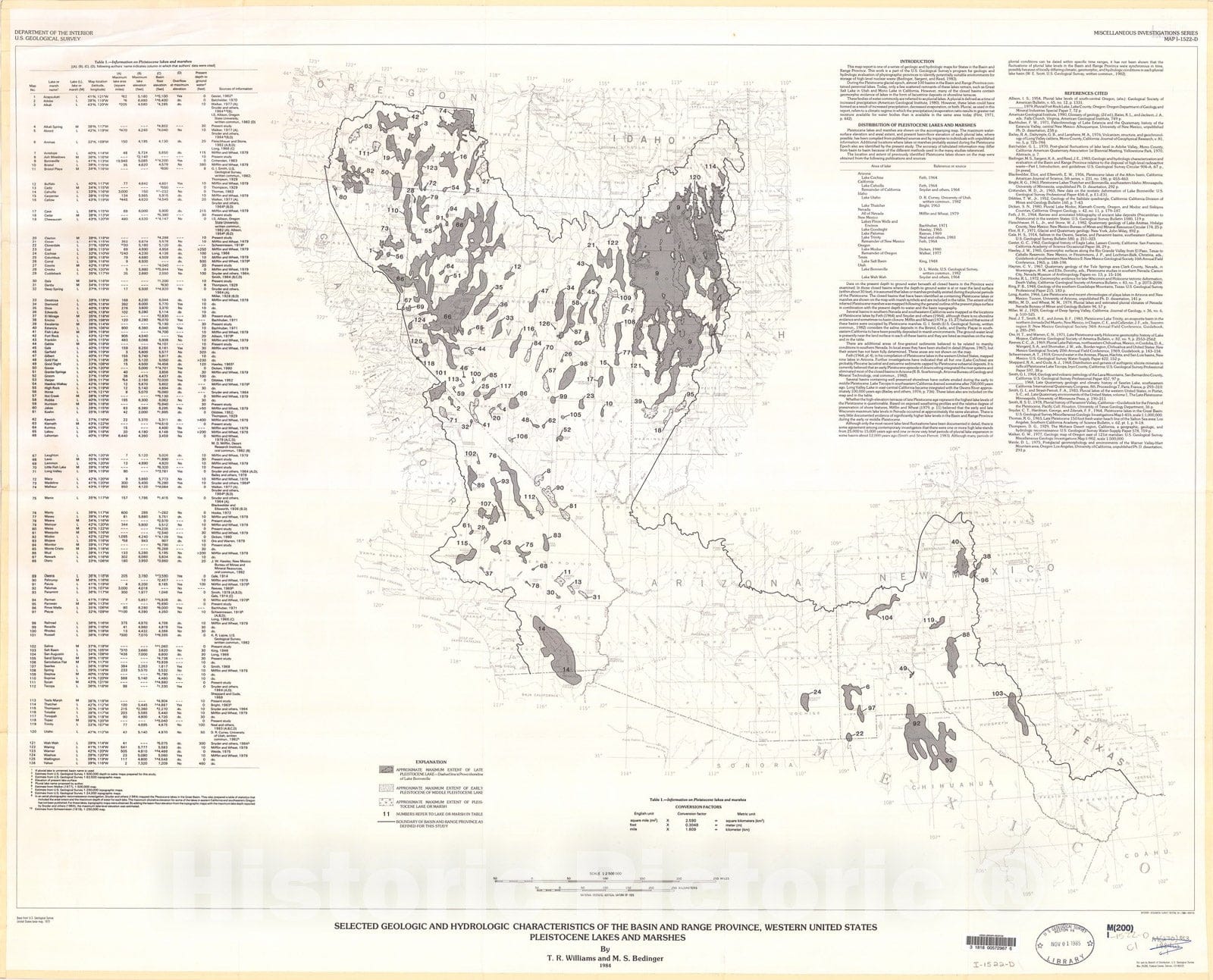 Map : Selected geologic and hydrologic characteristics of the Basin and Range Province, western United States : Pleistocene lakes and marshes, 1984 Cartography Wall Art :