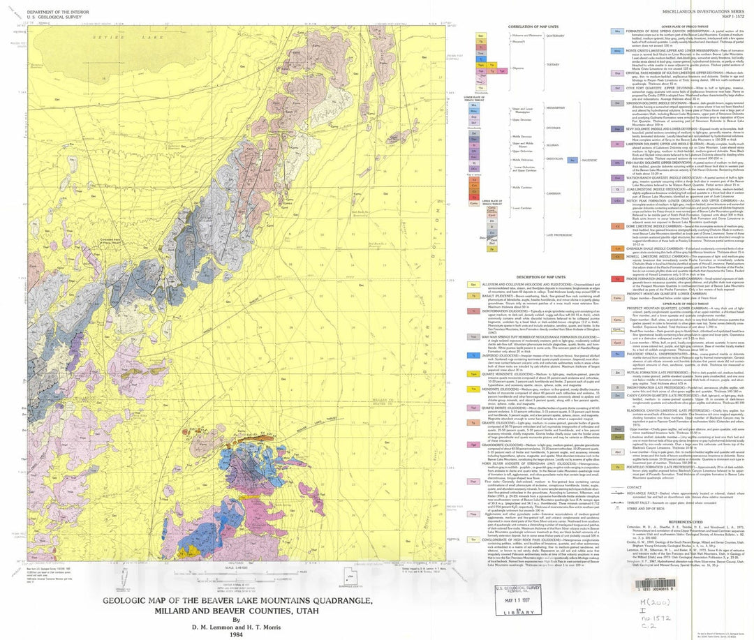 Map : Geologic map of the Beaver Lake Mountains quadrangle, Millard and Beaver Counties, Utah, 1984 Cartography Wall Art :