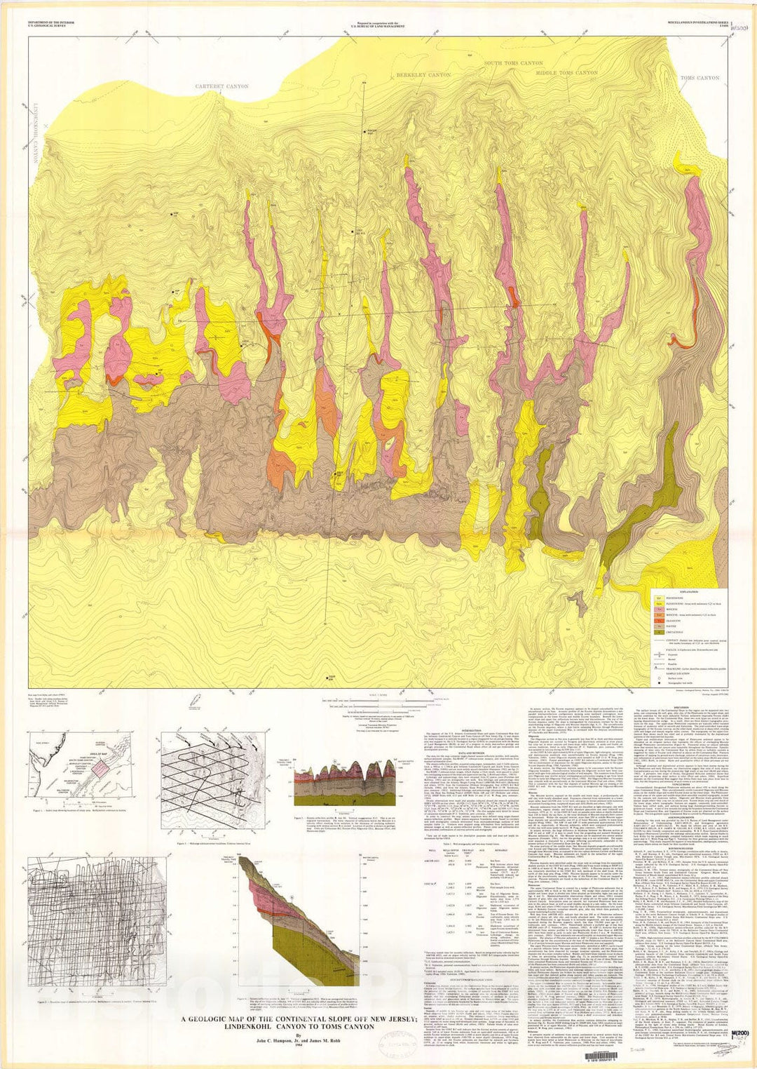 Map : A geologic map of the continental slope off New Jersey, Lindenkohl Canyon to Toms Canyon, 1985 Cartography Wall Art :