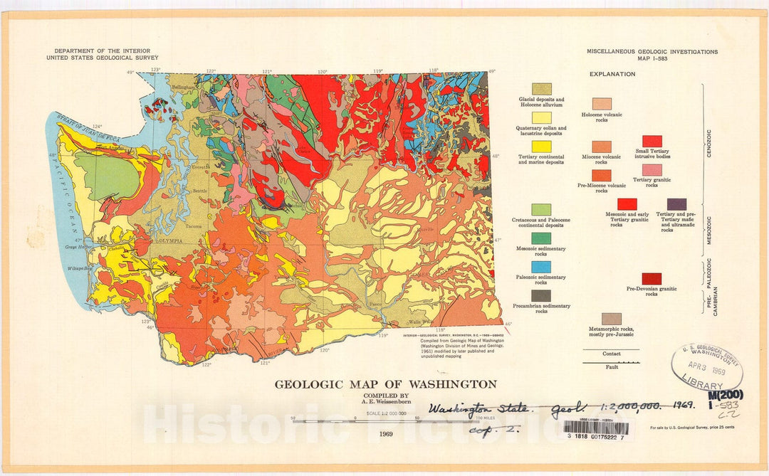 Map : Geologic map of Washington, 1969 Cartography Wall Art :