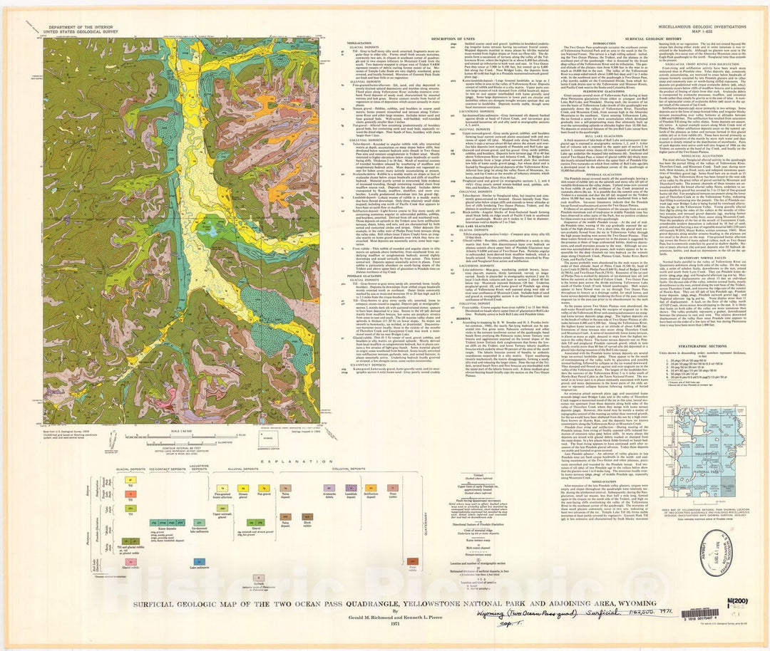 Map : Surficial geologic map of the Two Ocean Pass quadrangle, Yellowstone National Park and adjoining area, Wyoming, 1971 Cartography Wall Art :