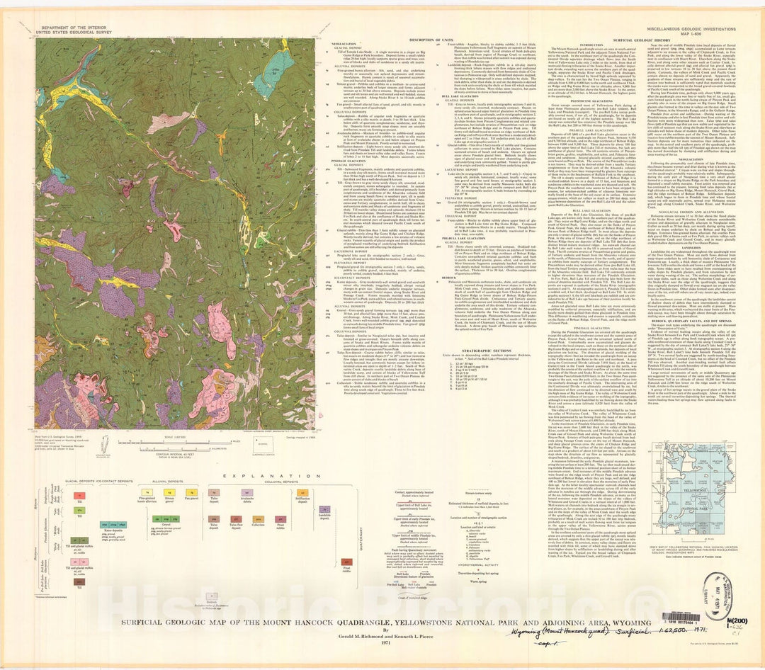 Map : Surficial geologic map of the Mount Hancock quadrangle, Yellowstone National Park and adjoining area, Wyoming, 1971 Cartography Wall Art :