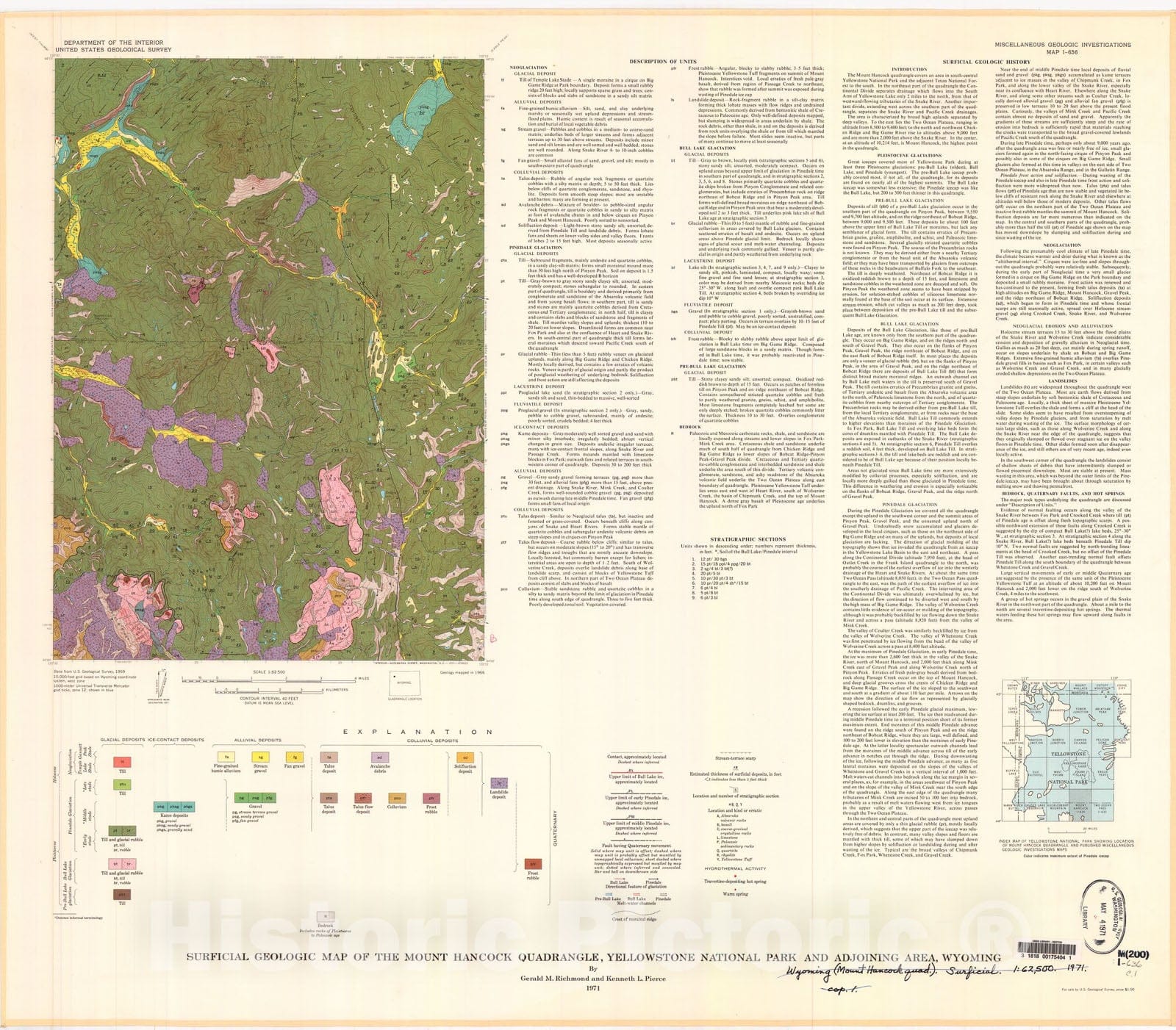 Map : Surficial geologic map of the Mount Hancock quadrangle, Yellowstone National Park and adjoining area, Wyoming, 1971 Cartography Wall Art :