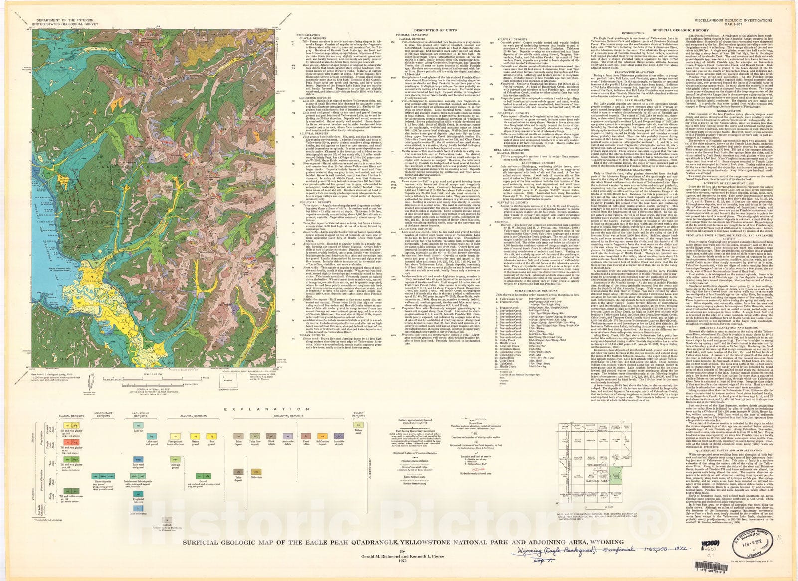 Map : Surficial geologic map of the Eagle Peak quadrangle, Yellowstone National Park and adjoining area, Wyoming, 1972 Cartography Wall Art :