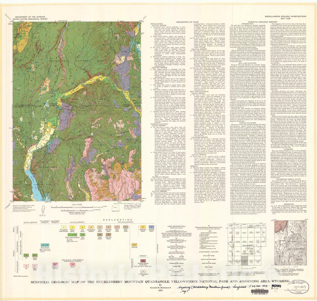 Map : Surficial geologic map of the Huckleberry Mountain quadrangle, Yellowstone National Park and adjoining area, Wyoming, 1973 Cartography Wall Art :