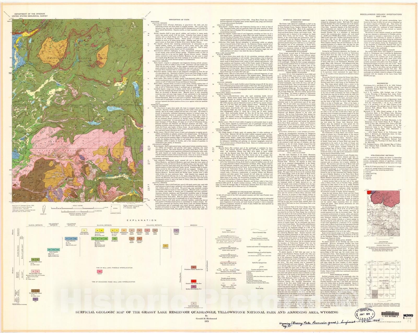 Map : Surficial geologic map of the Grassy Lake Reservoir quadrangle, Yellowstone National Park and adjoining area, Wyoming, 1973 Cartography Wall Art :