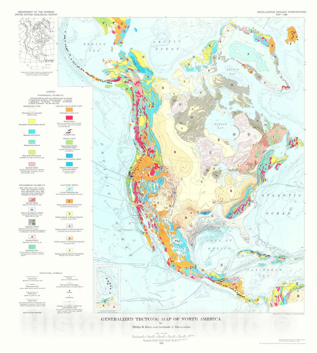 Map : Generalized tectonic map of North America, 1972 Cartography Wall Art :