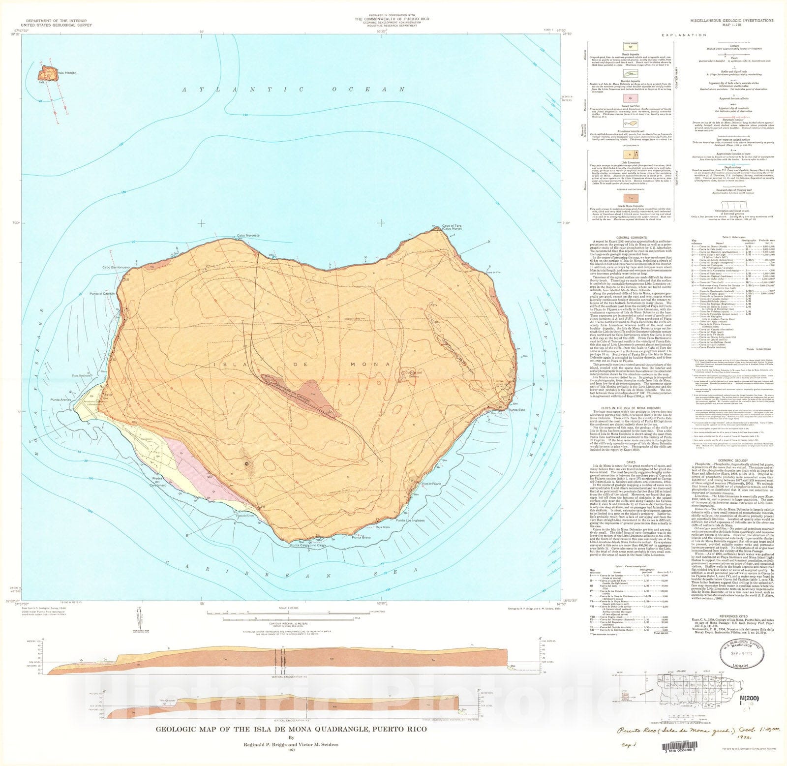 Map : Geologic map of the Isla De Mona quadrangle, Puerto Rico, 1972 Cartography Wall Art :