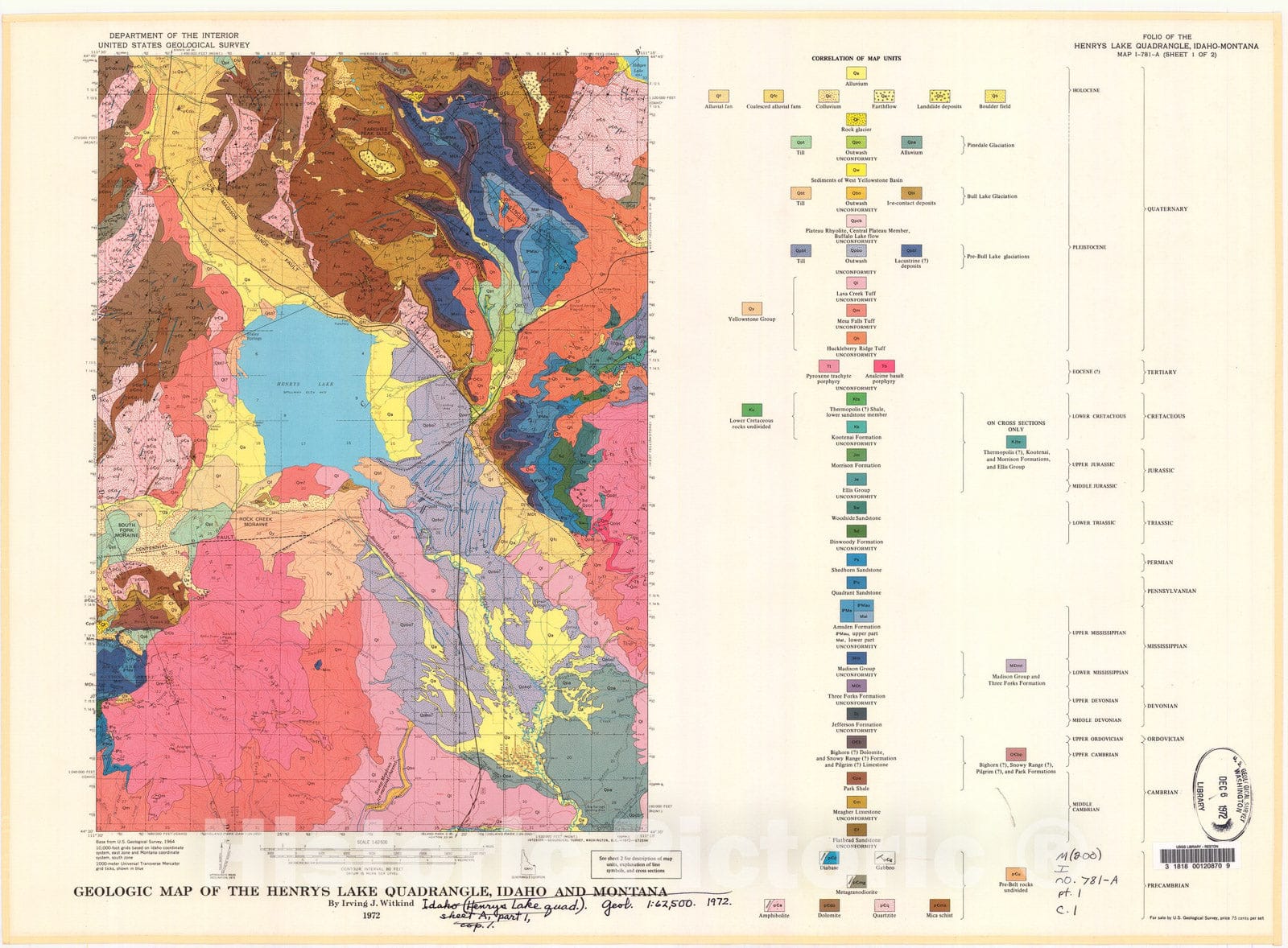 Map : Geologic map of the Henrys Lake quadrangle, Idaho and Montana, 1972 Cartography Wall Art :