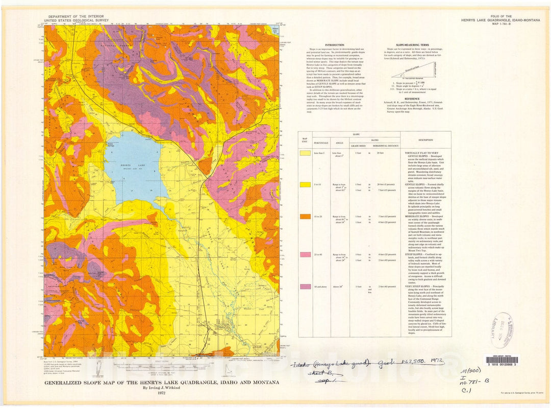 Map : Generalized slope map of the Henrys Lake quadrangle, Idaho and Montana, 1972 Cartography Wall Art :