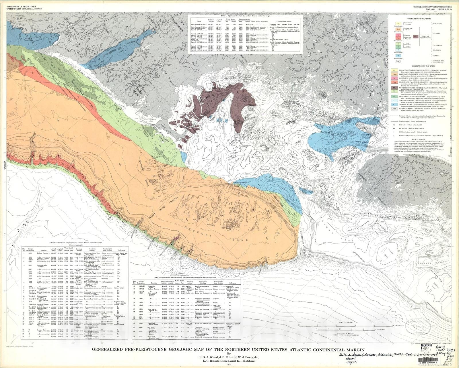 Map : Generalized pre-Pleistocene geologic map of the northern United States Atlantic continental margin, 1974 Cartography Wall Art :