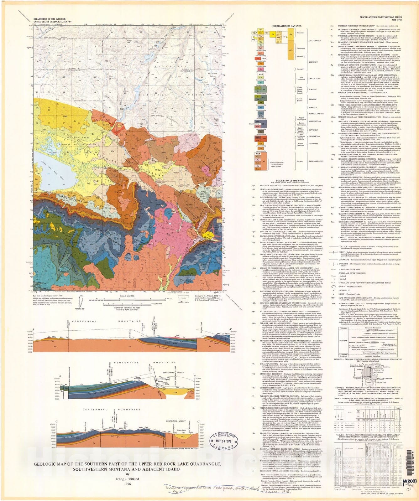 Map : Geologic map of the southern part of the Upper Rock Lake quadrangle, southwestern Montana and adjacent Idaho, 1976 Cartography Wall Art :