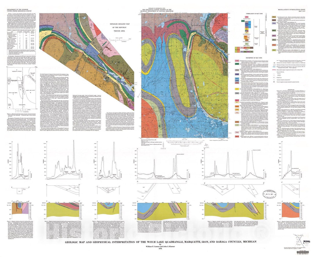 Map : Geologic map and geophysical interpretation of the Witch Lake quadrangle, Marquette, Iron, and Baraga Counties, Michigan, 1976 Cartography Wall Art :