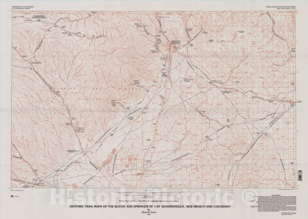 Map : Historic trail maps of the Raton and Springer 30' x 60' quadrangles, New Mexico and Colorado, 1986 Cartography Wall Art :