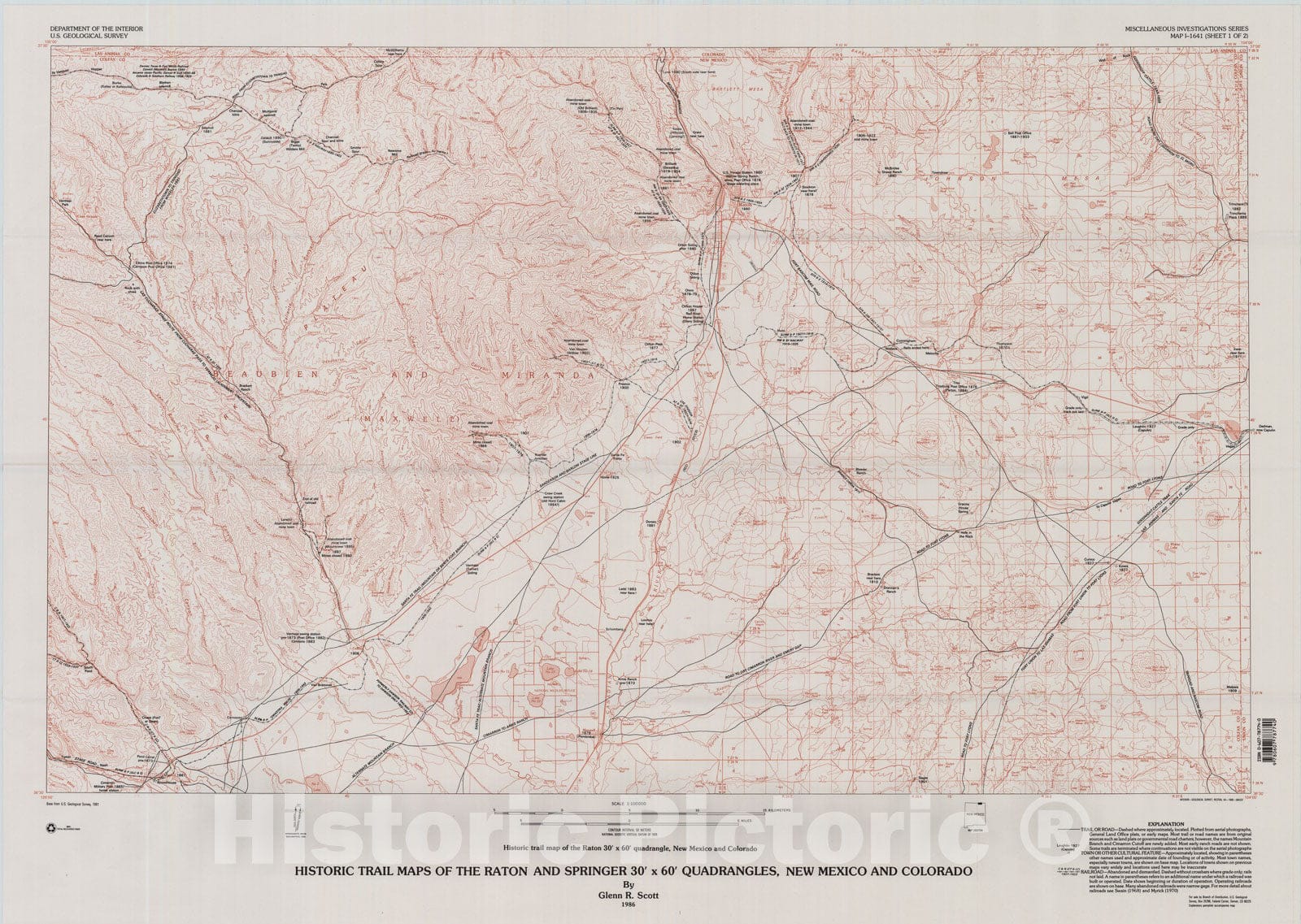 Map : Historic trail maps of the Raton and Springer 30' x 60' quadrangles, New Mexico and Colorado, 1986 Cartography Wall Art :