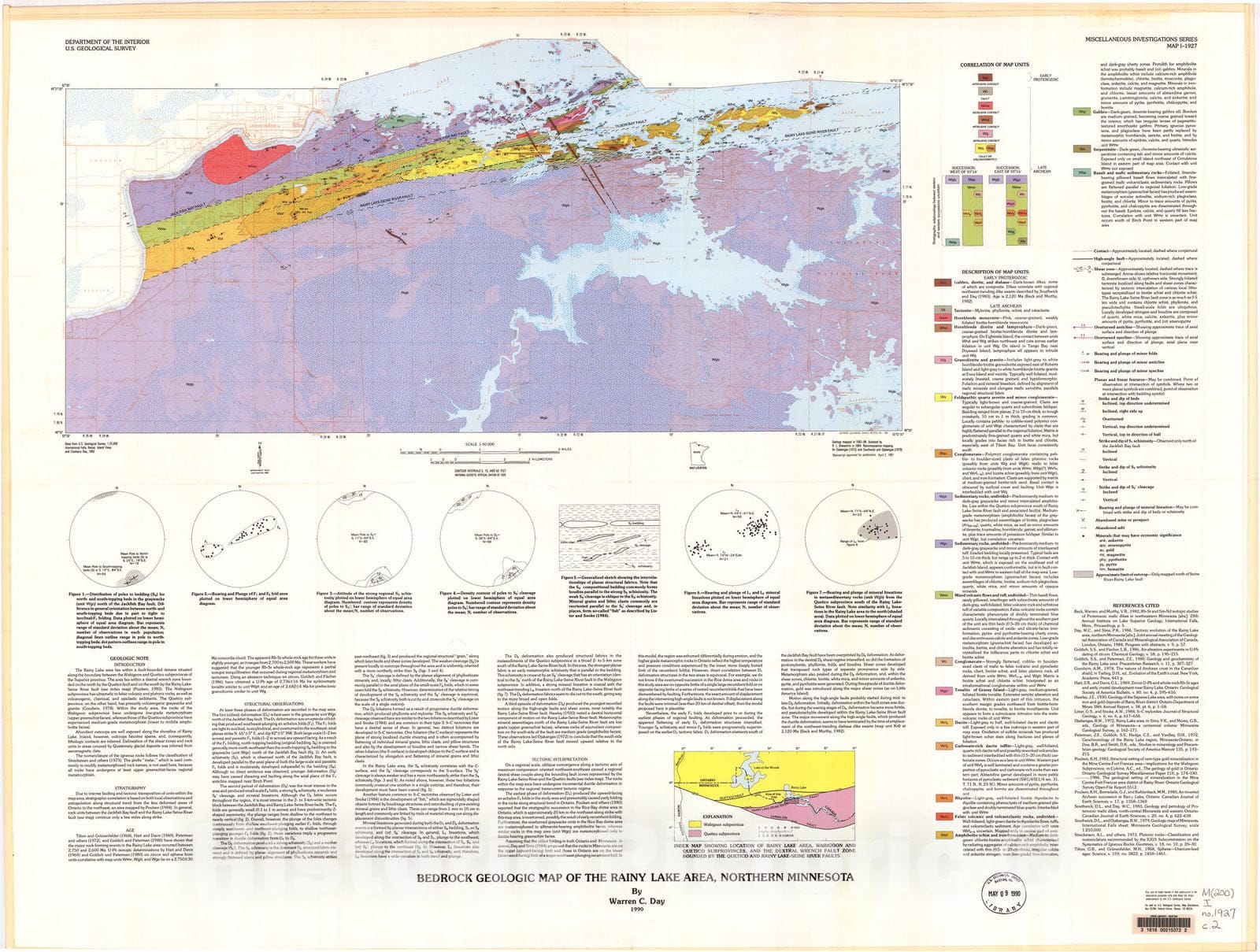 Map : Bedrock geologic map of the Rainy Lake area, northern Minnesota, 1990 Cartography Wall Art :