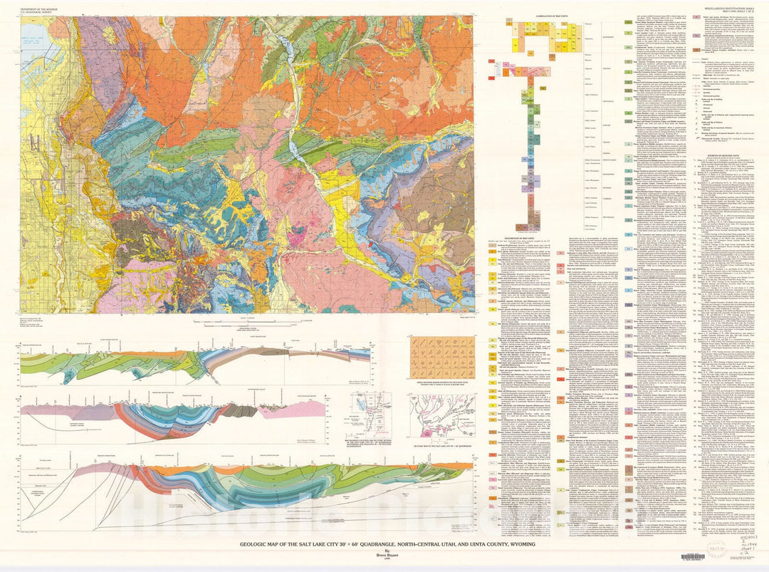 Map : Geologic map of the Salt Lake City 30' X 60' quadrangle, north-central Utah, and Uinta County, Wyoming, 1990 Cartography Wall Art :