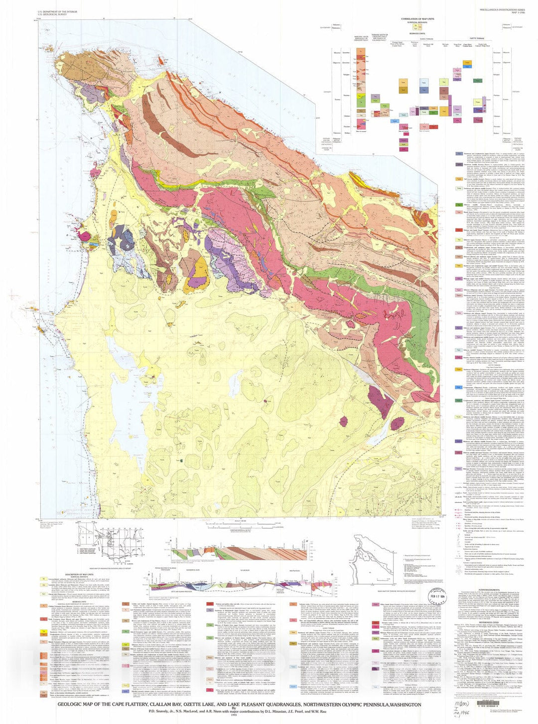 Map : Geologic map of the Cape Flattery, Clallam Bay, Ozette Lake, and Lake Pleasant quadrangles, northwestern Olympic Peninsula, Washington, 1993 Cartography Wall Art :