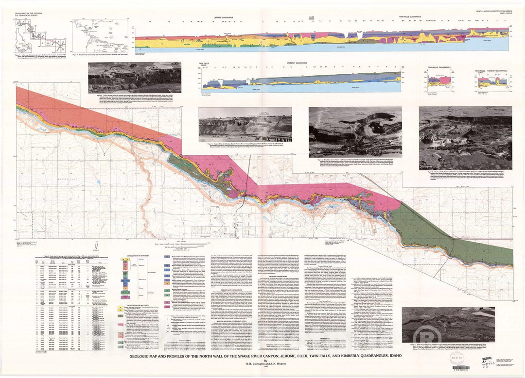 Map : Geologic map and profiles of the north wall of the Snake River Canyon, Jerome, Filer, Twin Falls, and Kimberly quadrangles, Idaho, 1990 Cartography Wall Art :