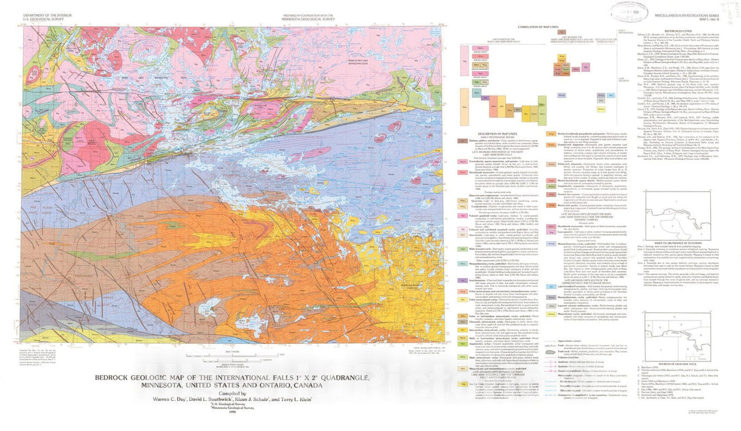 Map : Bedrock geologic map of the International Falls one degree x two degrees quadrangle, Minnesota, United States and Ontario, Canada, one990 Cartography Wall Art :