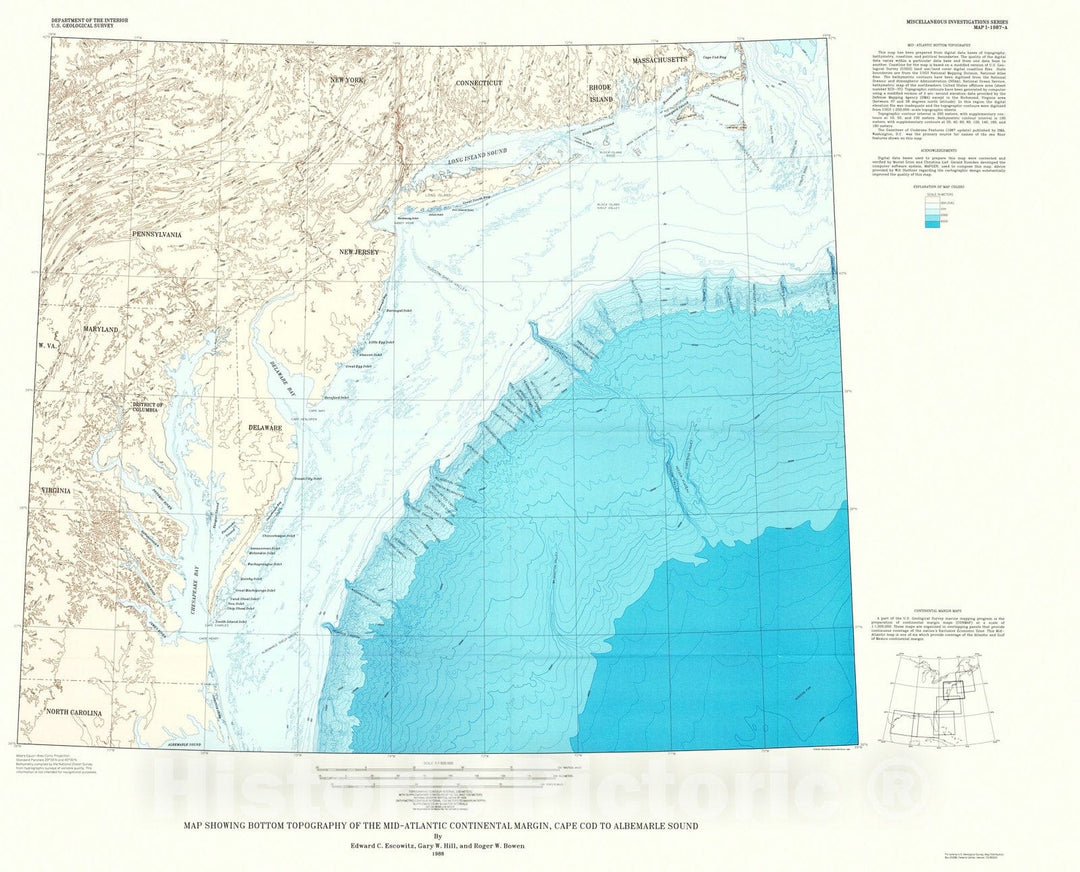 Map : Map showing bottom topography of mid-Atlantic continental margin, Cape Cod to Albemarle Sound, 1988 Cartography Wall Art :