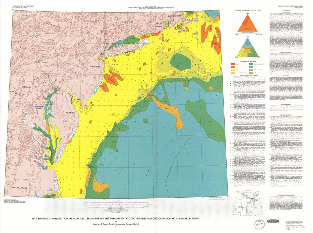 Map : Map showing the distribution of surficial sediment on the mid-Atlantic continental margin, Cape Cod to Albemarle Sound, 1994 Cartography Wall Art :