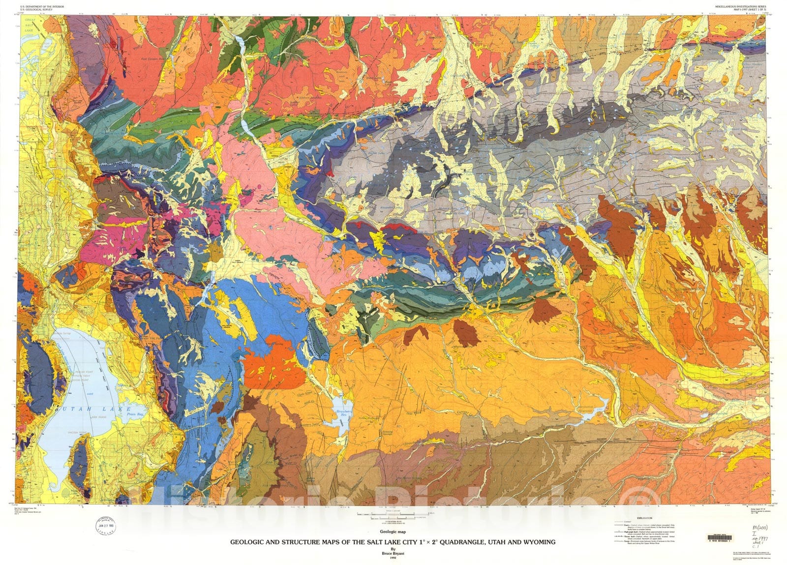 Map : Geologic and structure maps of the Salt Lake City one degree x two degrees quadrangle, Utah and Wyoming, one99two Cartography Wall Art :