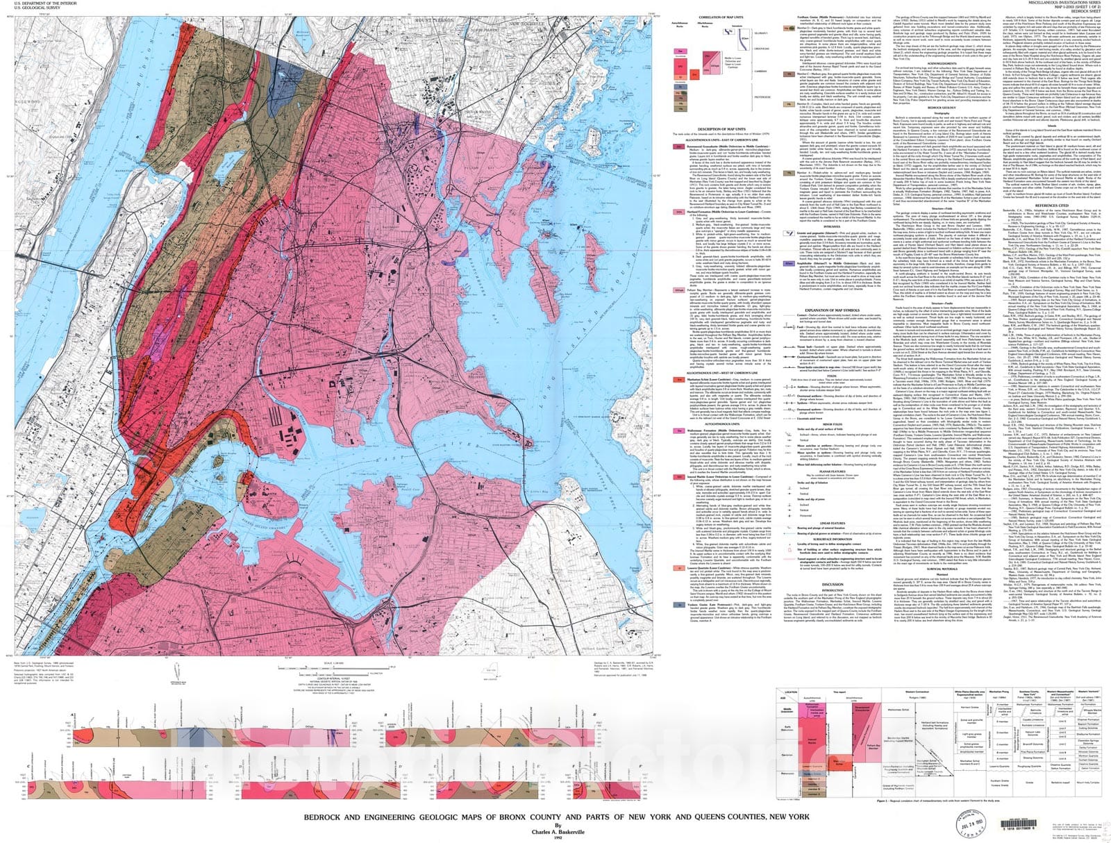 Map : Bedrock and engineering geologic maps of Bronx County and parts of New York and Queens Counties, New York, 1992 Cartography Wall Art :