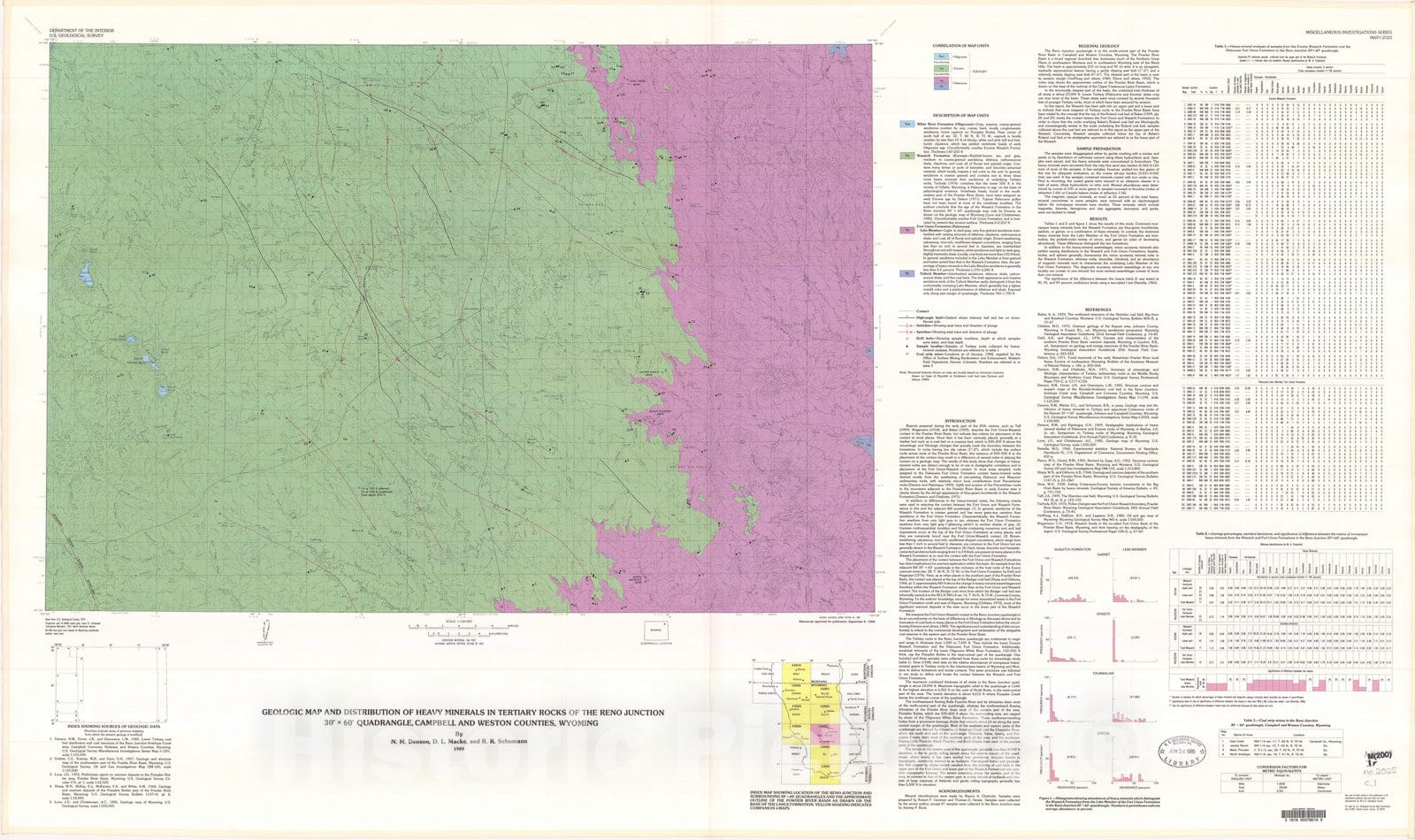 Map : Geologic map and distribution of heavy minerals in Tertiary rocks of the Reno Junction 30' x 60' quadrangle, Campbell and Weston Counties, Wyoming, 1989 Cartography Wall Art :