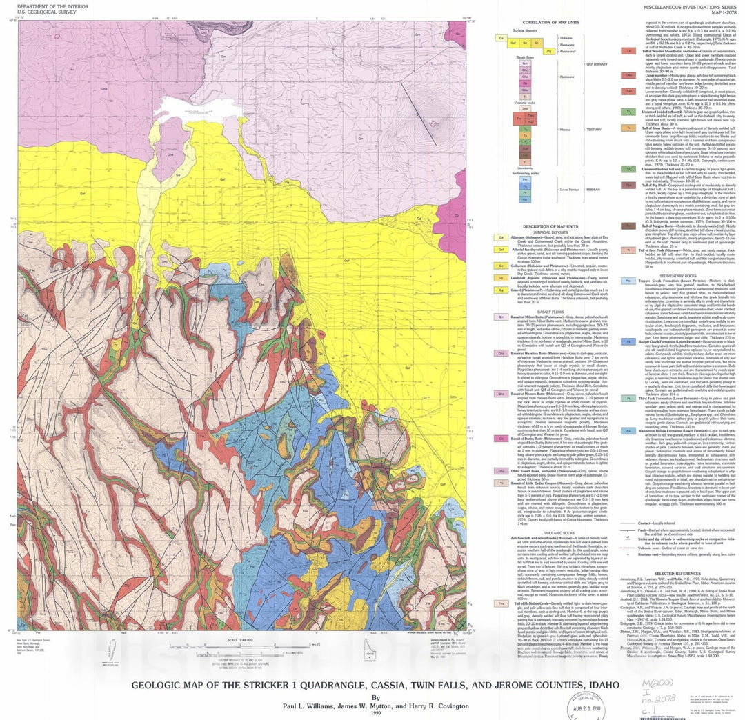 Map : Geologic map of the Stricker one quadrangle, Cassia, Twin Falls, and Jerome Counties, Idaho, one990 Cartography Wall Art :