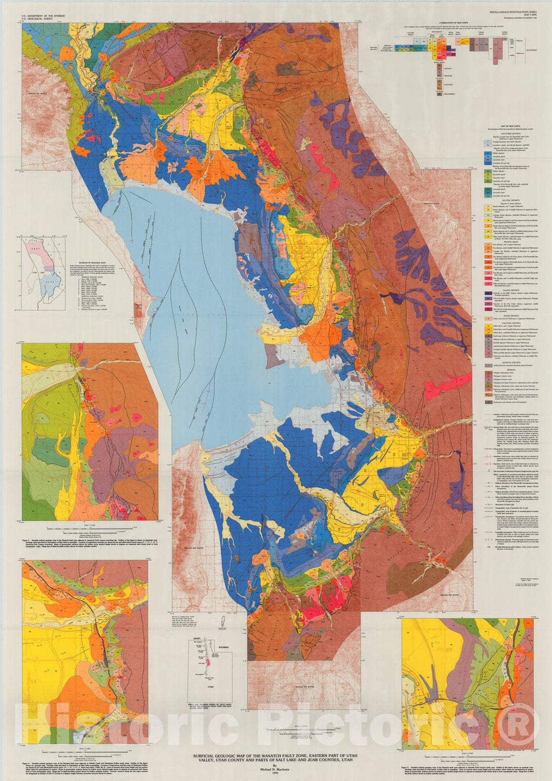 Map : Surficial geologic map of the Wasatch fault zone, eastern part of Utah Valley, Utah County and parts of Salt Lake and Juab Counties, Utah, 1992 Cartography Wall Art :