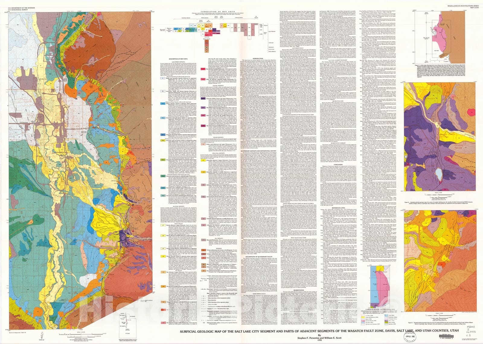 Map : Surficial geologic map of the Salt Lake City segment and part of adjacent segments of the Wasatch fault zone, Davis, Salt Lake, and Utah Counties, Utah, 1992 Cartography Wall Art :