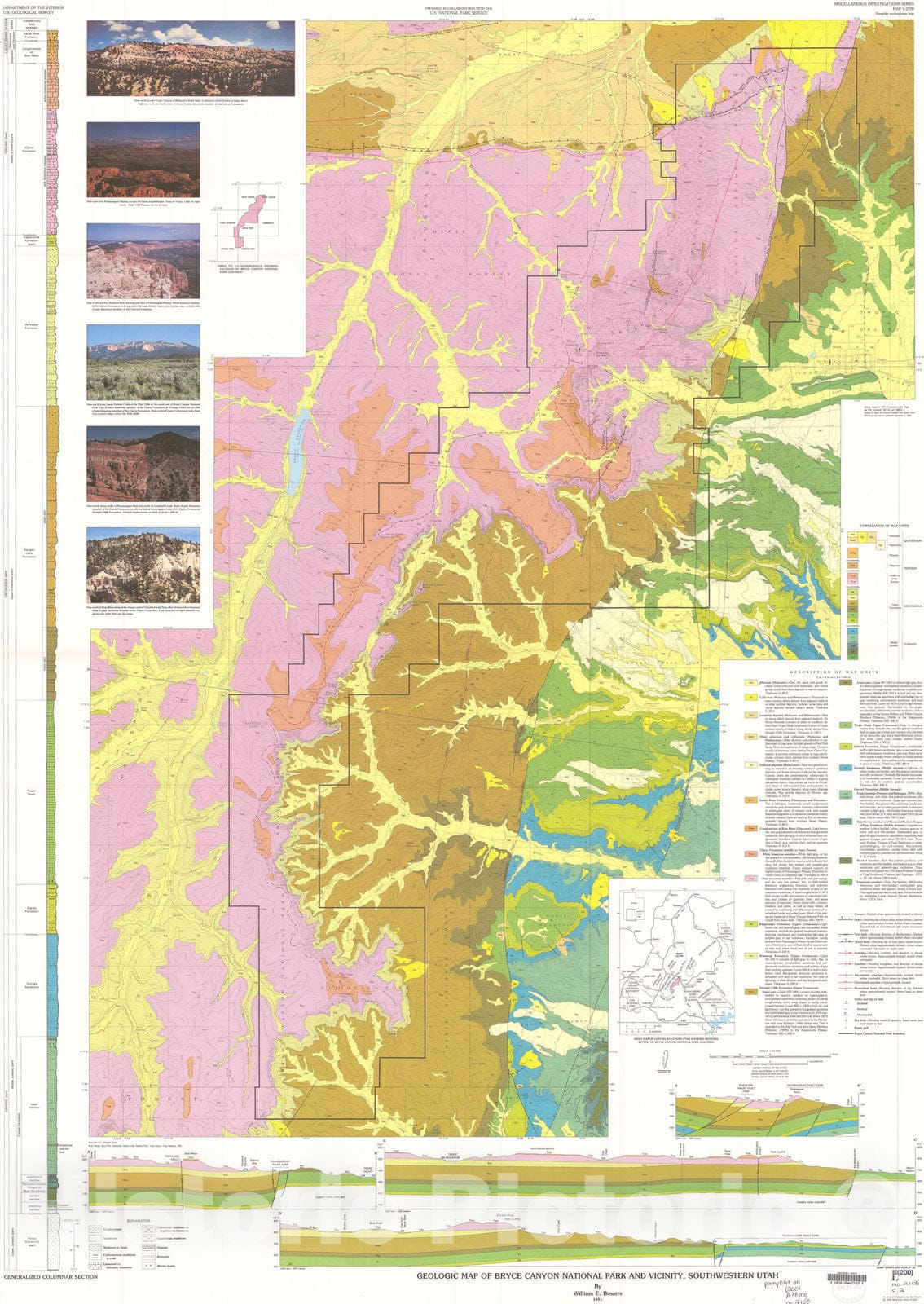 Map : Geologic map of Bryce Canyon National Park and vicinity, southwestern Utah, 1990 Cartography Wall Art :